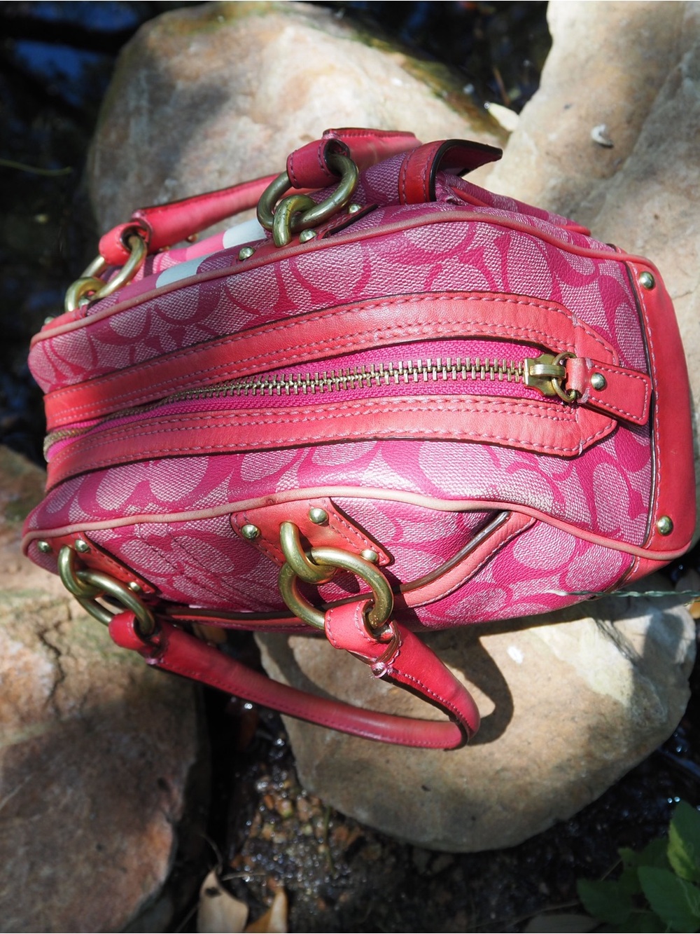 Coach Heritage Pink Signature Stripe Satchel - Picture 9 of 11